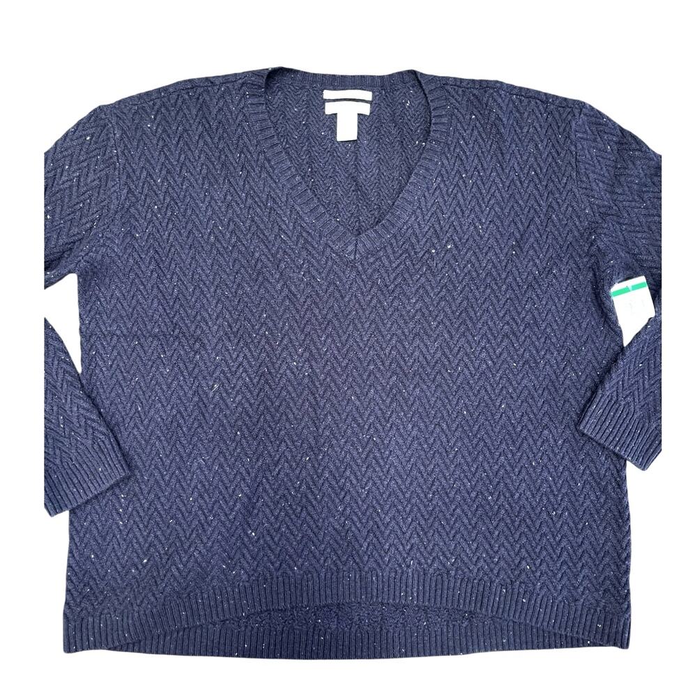 Nordstrom Signature Cashmere V-neck Herringbone Sweater | Womens L, Navy Tweed - Picture 7 of 9